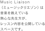 Music&nbsp;Liaison
ミュージックリエゾンは）
音楽を教えている
熱心な先生方が、
レッスン内容を公開している
スペースです。